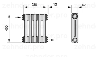 Схема (чертеж) Радиатор Zehnder Charleston 2040/5 №1670 Белый глянцевый RAL 9016